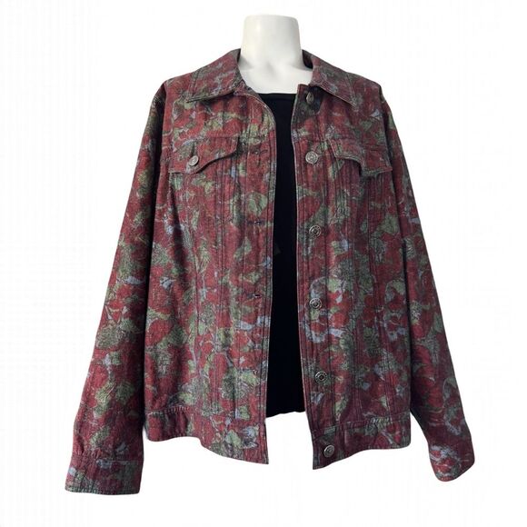 CJ Banks Red and Green Jean Jacket with Floral Pattern X - Picture 1 of 12
